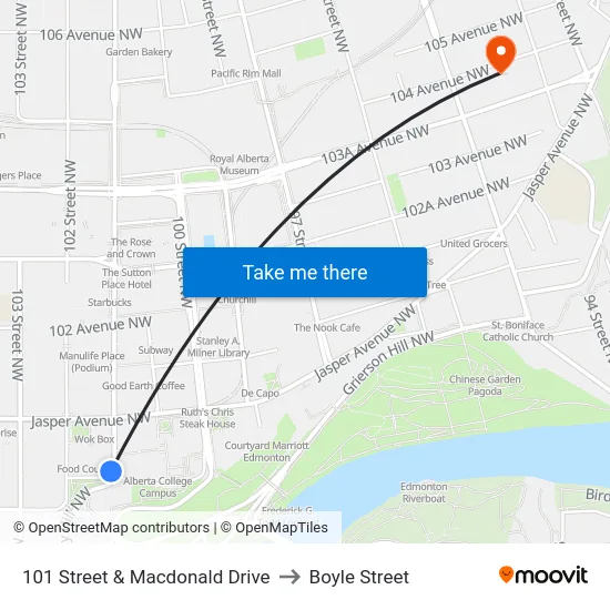 101 Street & Macdonald Drive to Boyle Street map