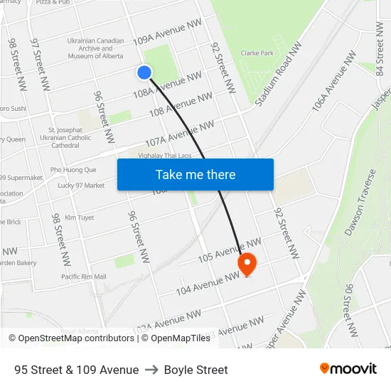 95 Street & 109 Avenue to Boyle Street map