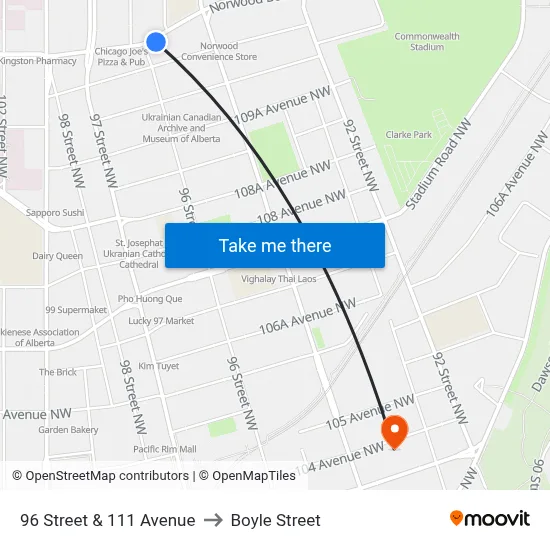 96 Street & 111 Avenue to Boyle Street map