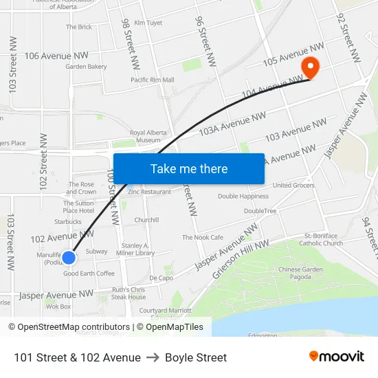 101 Street & 102  Avenue to Boyle Street map