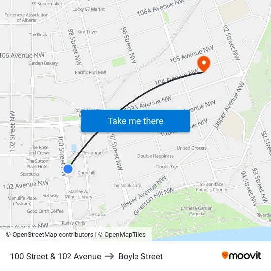 100 Street & 102 Avenue to Boyle Street map
