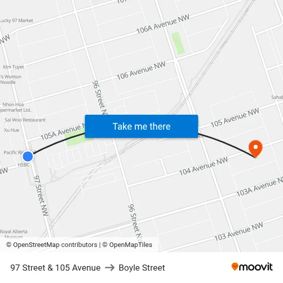 97 Street & 105 Avenue to Boyle Street map