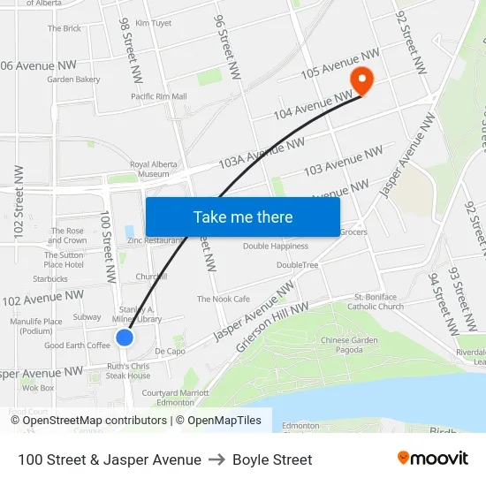 100 Street & Jasper Avenue to Boyle Street map