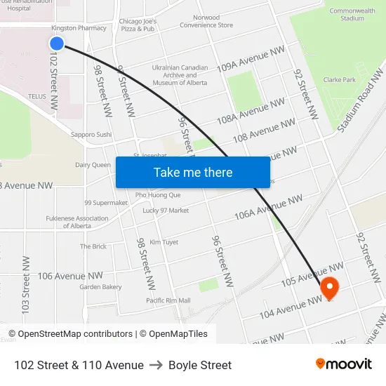 102 Street & 110 Avenue to Boyle Street map