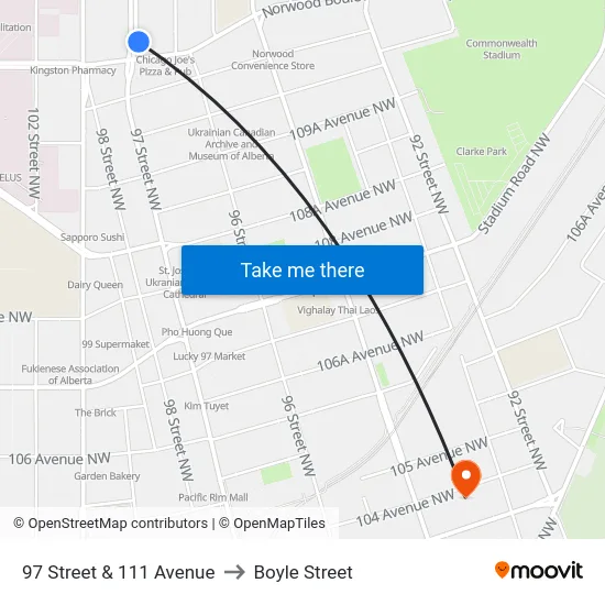 97 Street & 111 Avenue to Boyle Street map