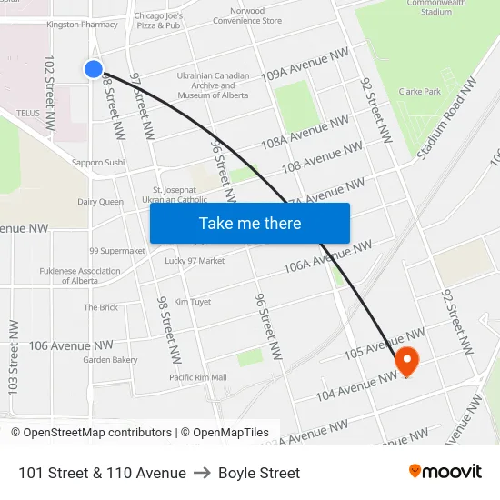 101 Street & 110 Avenue to Boyle Street map