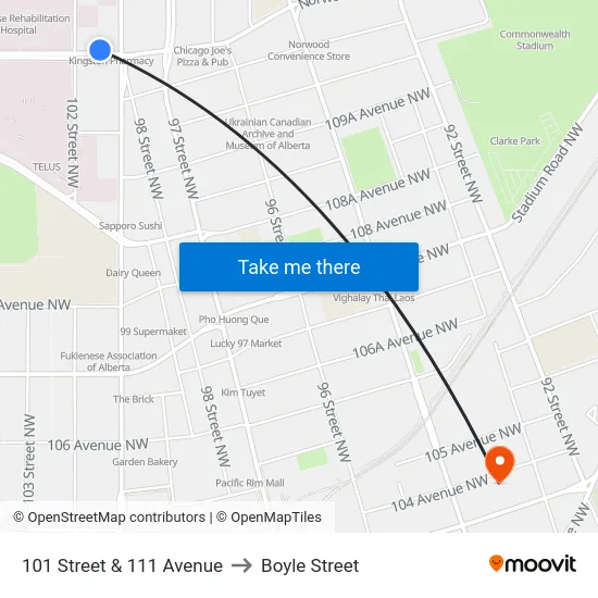 101 Street & 111 Avenue to Boyle Street map