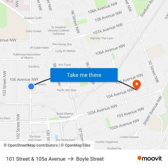 101 Street & 105a Avenue to Boyle Street map