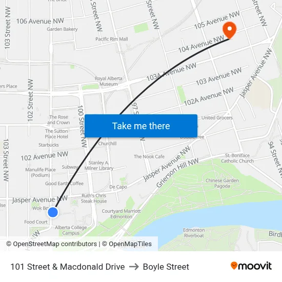 101 Street & Macdonald Drive to Boyle Street map