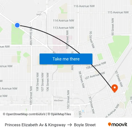 Princess Elizabeth Av & Kingsway to Boyle Street map