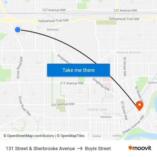 131 Street & Sherbrooke Avenue to Boyle Street map
