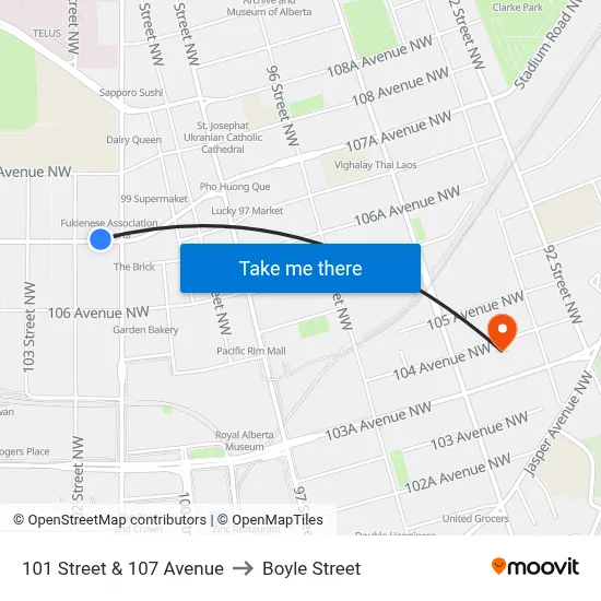 101 Street & 107 Avenue to Boyle Street map
