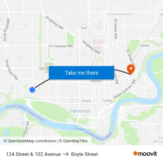 124 Street & 102 Avenue to Boyle Street map