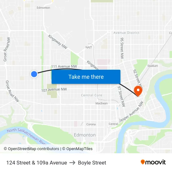 124 Street & 109a Avenue to Boyle Street map