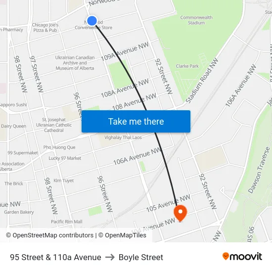 95 Street & 110a Avenue to Boyle Street map