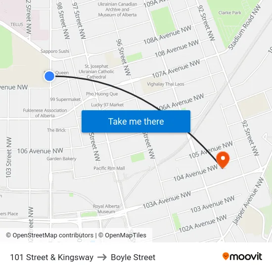 101 Street & Kingsway to Boyle Street map