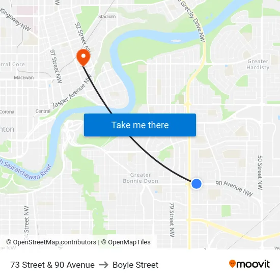 73 Street & 90 Avenue to Boyle Street map