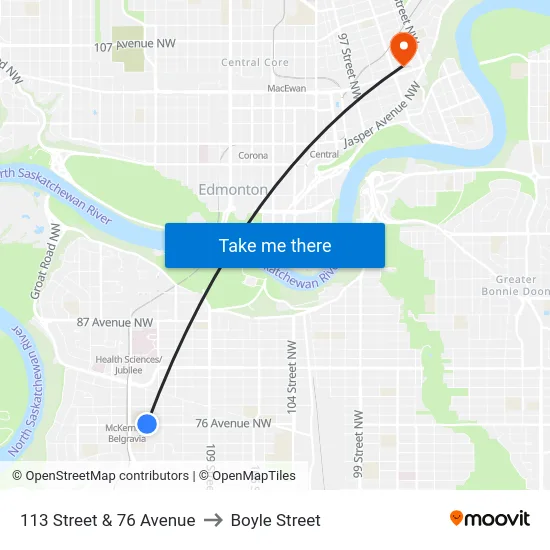 113 Street & 76 Avenue to Boyle Street map