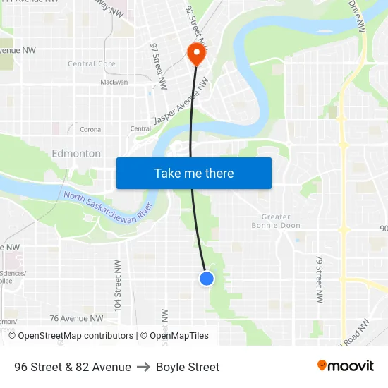 96 Street & 82 Avenue to Boyle Street map