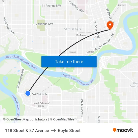 118 Street & 87 Avenue to Boyle Street map