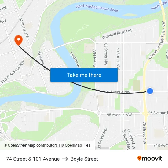 74 Street & 101 Avenue to Boyle Street map