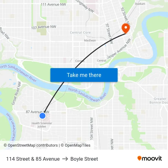 114 Street & 85 Avenue to Boyle Street map