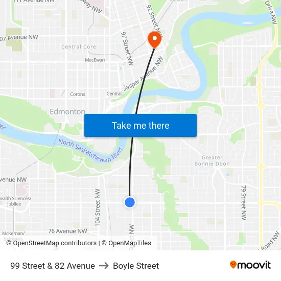 99 Street & 82 Avenue to Boyle Street map