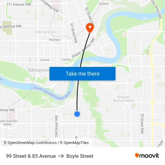 99 Street & 85 Avenue to Boyle Street map