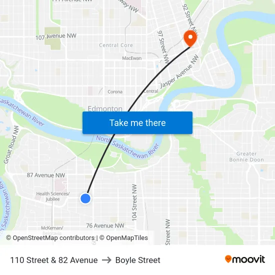 110 Street & 82 Avenue to Boyle Street map