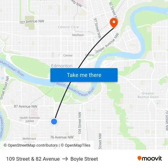 109 Street & 82 Avenue to Boyle Street map