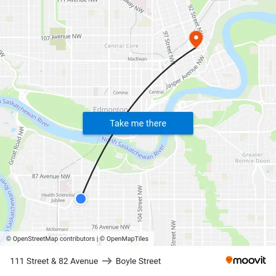 111 Street & 82 Avenue to Boyle Street map