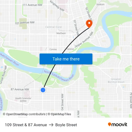 109 Street & 87 Avenue to Boyle Street map