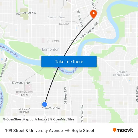 109 Street & University Avenue to Boyle Street map