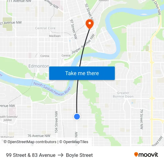99 Street & 83 Avenue to Boyle Street map