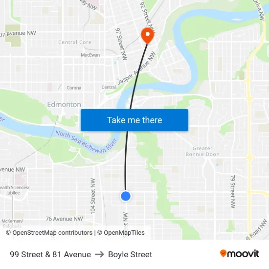 99 Street & 81 Avenue to Boyle Street map