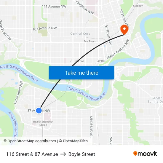 116 Street & 87 Avenue to Boyle Street map