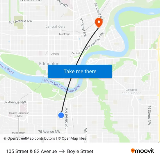 105 Street & 82 Avenue to Boyle Street map