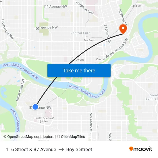 116 Street & 87 Avenue to Boyle Street map