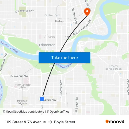 109 Street & 76 Avenue to Boyle Street map