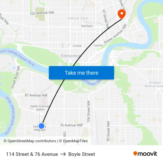 114 Street & 76 Avenue to Boyle Street map