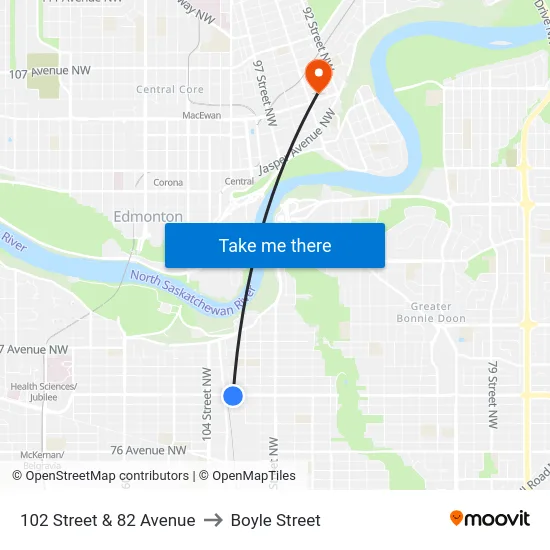 102 Street & 82 Avenue to Boyle Street map