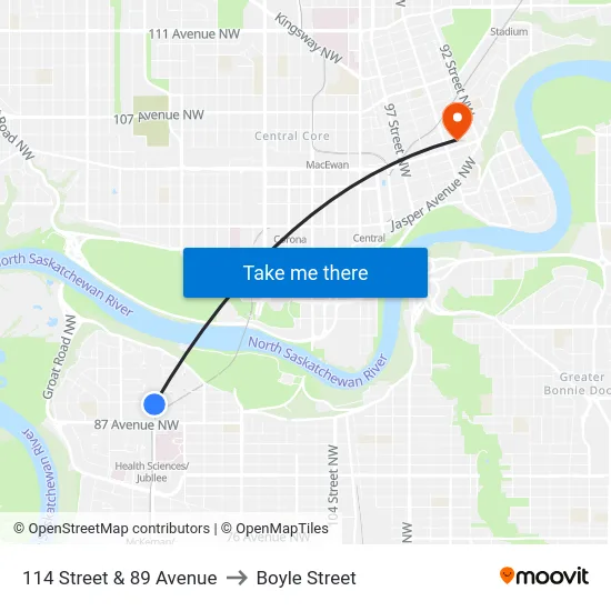 114 Street & 89 Avenue to Boyle Street map