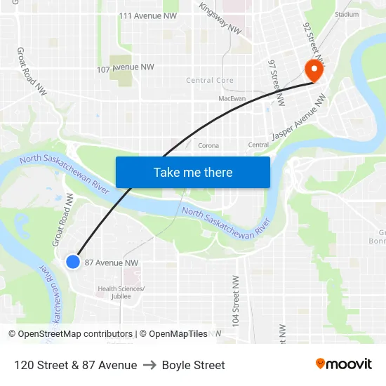 120 Street & 87 Avenue to Boyle Street map
