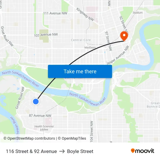 116 Street & 92 Avenue to Boyle Street map