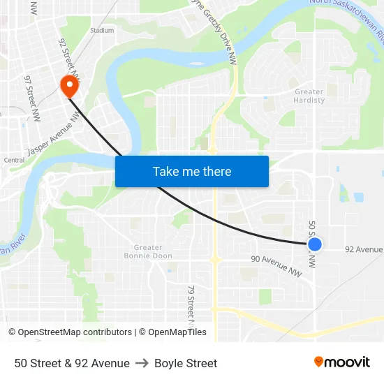 50 Street & 92 Avenue to Boyle Street map