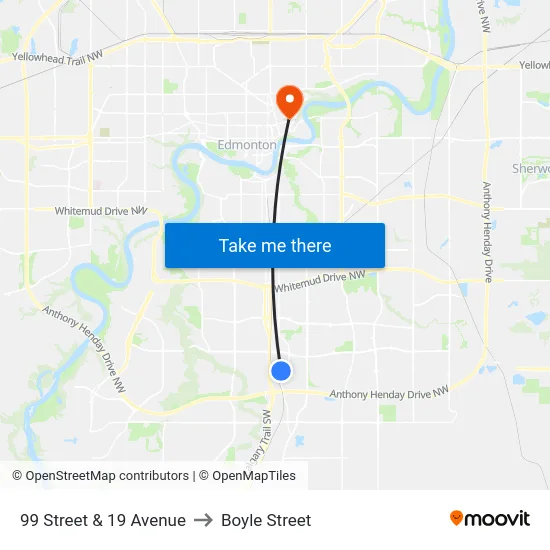99 Street & 19 Avenue to Boyle Street map