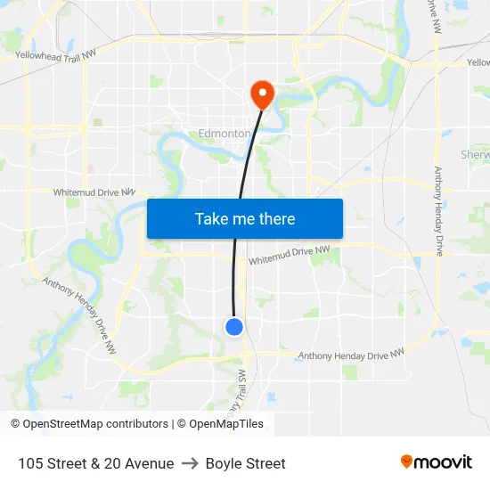 105 Street & 20 Avenue to Boyle Street map