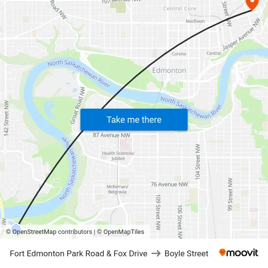 Fort Edmonton Park Road & Fox Drive to Boyle Street map