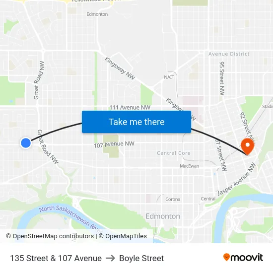 135 Street & 107 Avenue to Boyle Street map