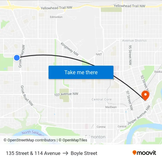 135 Street & 114 Avenue to Boyle Street map